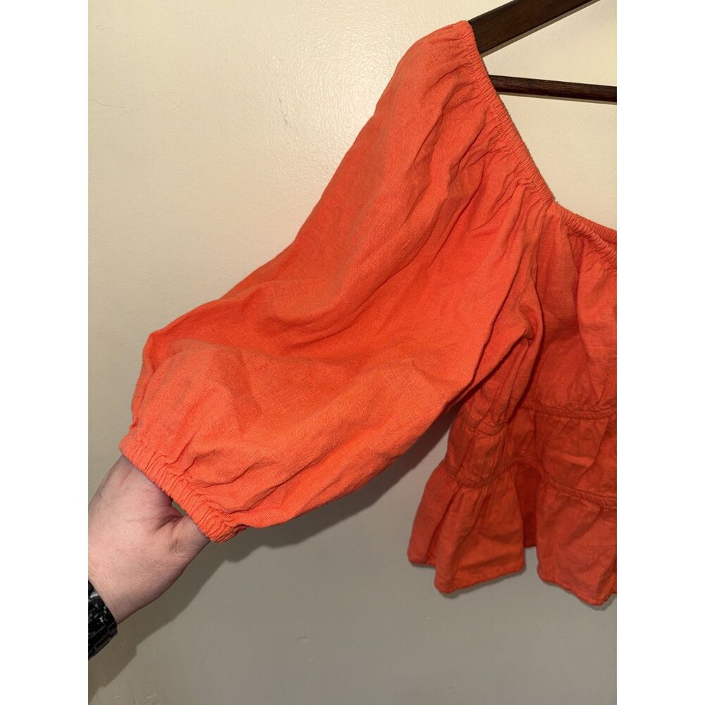 A New Day Orange Linen Blend Puff Sleeve Crop Peasant Top Size M - Picture 6 of 8